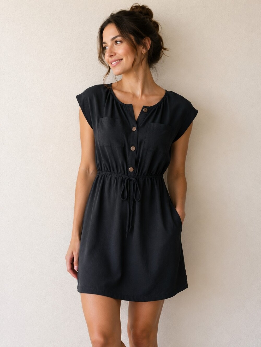 Monteau Black Short-Sleeve Button Front Drawstring Mini Dress